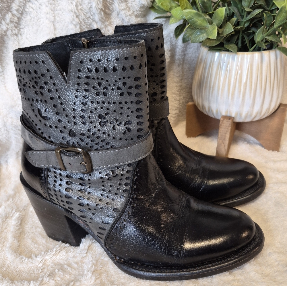 Black and Gray Perforated Leather Ankle Boots with Buckle